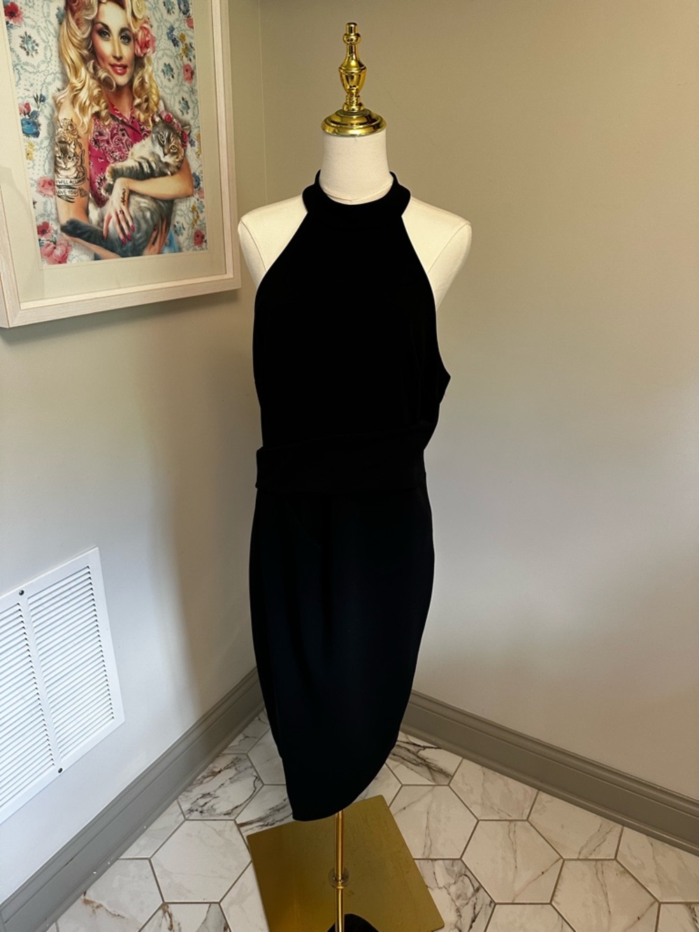 Betsy & Adam Black One-Shoulder Halter Sheath Dress